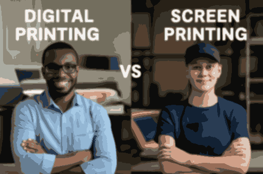 Digital Printing vs. Screen Printing: A side-by-side comparison featuring a man working in digital printing on the left and a woman working in screen printing on the right, highlighting the differences between the two printing methods.