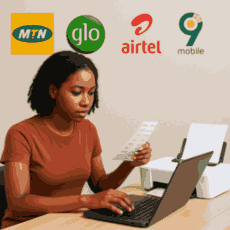 A young Nigerian woman is working from home, printing recharge cards using a laptop and a simple printer. On the wall behind, you can see the logos of MTN, Glo, Airtel, and 9mobile, which are the major networks in Nigeria. This setup shows how easy it is to start a recharge card printing business right from the comfort of your home with just a few tools.