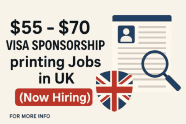 Promotional banner showing $55 - $70 Visa Sponsorship Printing Jobs in UK (Now Hiring) with a resume icon, magnifying glass, and UK flag shield, highlighting job opportunities and visa support for foreign workers.