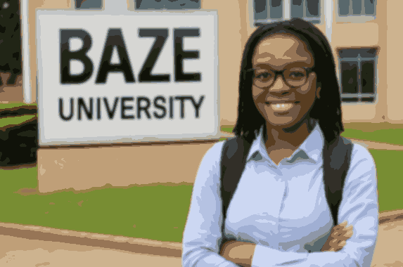 A young African woman with shoulder-length braids, wearing a light blue striped shirt and a black backpack, smiles confidently in front of the BAZE University AI sign. The modern university building and lush greenery serve as the backdrop, capturing a moment of pride and achievement.