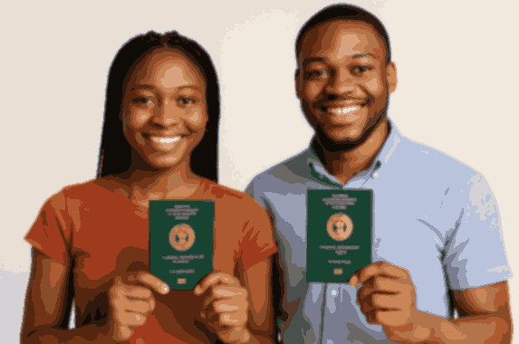 A young Nigerian couple smiling while holding their green Nigerian international passports. The woman wears an orange shirt with long black braids, and the man wears a light blue shirt with a short beard. Both passports are clearly visible, showing the golden Nigerian coat of arms on the cover. This image represents people who have submitted the documents needed for international passport in Nigeria.