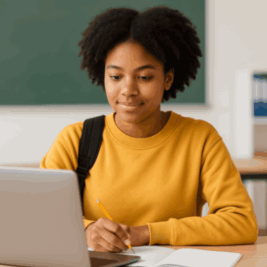 A Nigerian student focused on her laptop, learning how to download and print documents online, showing a real example of someone using the Click Here to Print option.