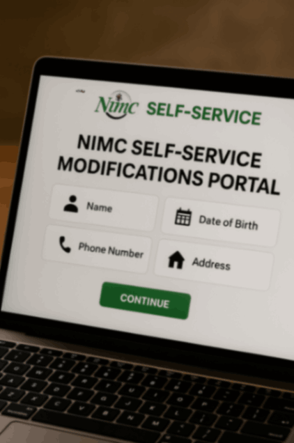 NIMC Self Service portal displayed on a laptop screen, showing options to update name, date of birth, phone number, and address for National Identification Number (NIN) modifications in Nigeria.