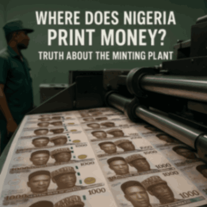 A worker in green uniform stands near a printing machine producing sheets of Nigerian 1000 naira notes inside a secure minting plant, with bold text reading “Where Does Nigeria Print Money Truth About the Minting Plant.