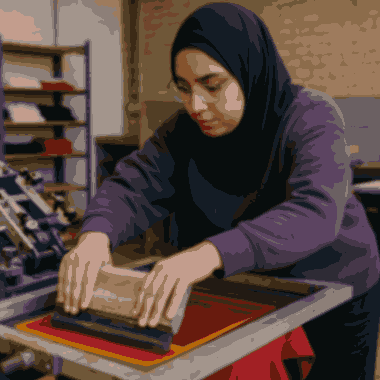 screen print visa sponsorship jobs in USA – Muslim woman operating a screen printing press at a workshop