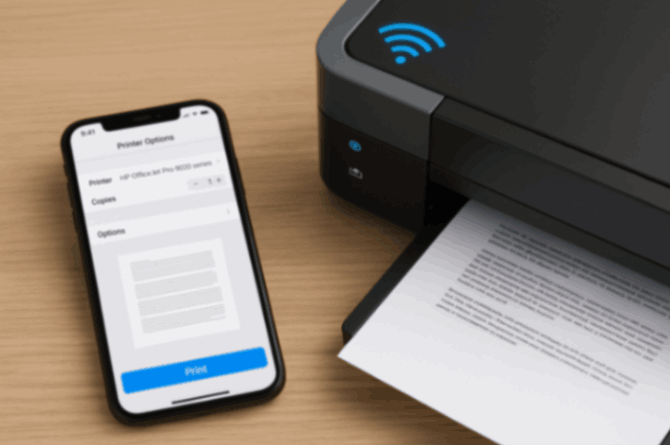 iPhone showing print options while connecting iPhone to printer wirelessly with a modern Wi-Fi printer printing a document on a wooden desk.