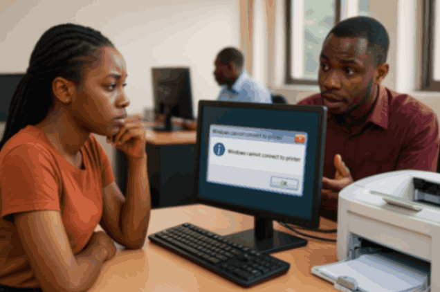 A young African woman sitting at a desk looks at a computer screen showing the error message “Windows cannot connect to the printer,” while a man beside her explains the issue, with a printer and office setting visible.