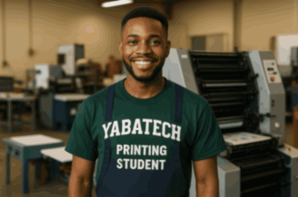 YABATECH printing technology course student operating a printing press machine in a Nigerian polytechnic workshop
